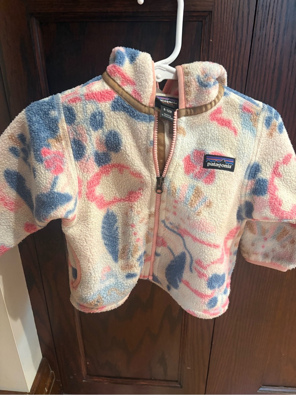 Patagonia Kids Cream Floral Sherpa Zip Jacket with Pink & Blue Accents